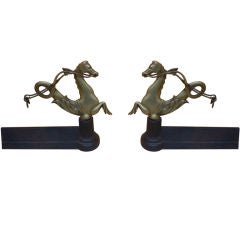 1940's Superb Horse Bronze Figure  & Cast Iron Andirons