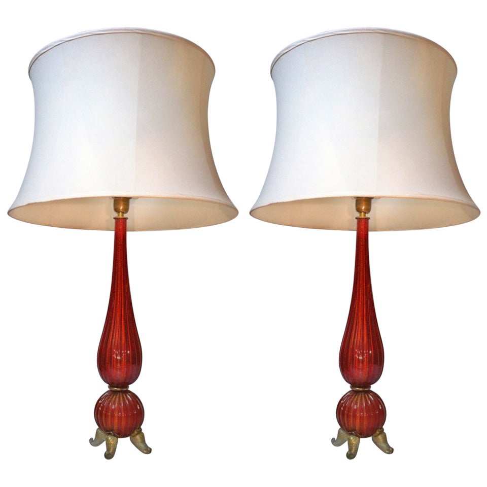 Murano Mercury Pair of Red Lamps For Sale