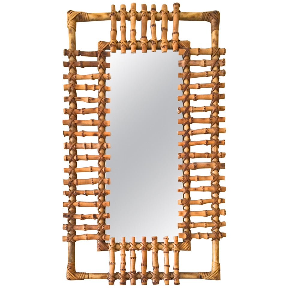 French Riviera 1950s Very Pure Design Bamboo and Rattan Mirror