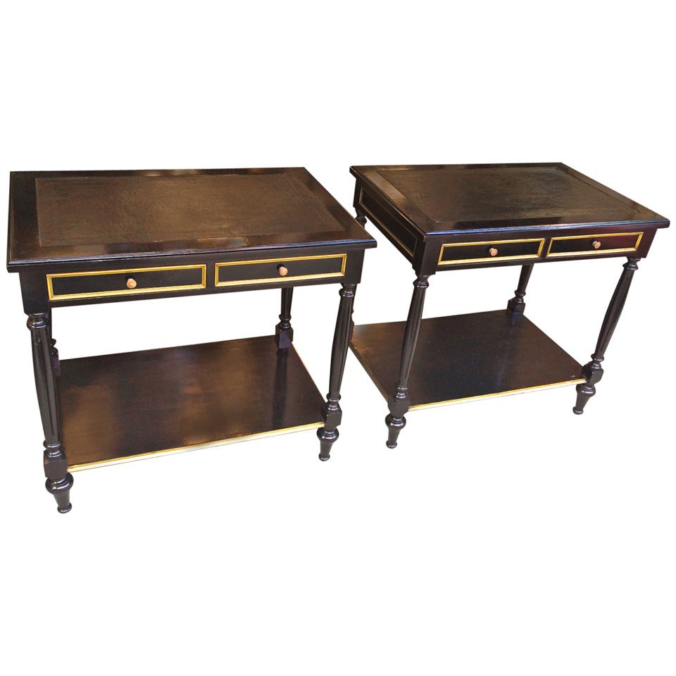 Maison Jansen Large Black Lacquered, Two=-Drawer Side Tables or Bedsides
