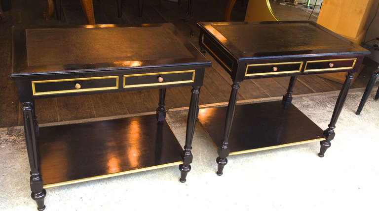 Maison Jansen large black lacquered two drawer side tables or bedsides.