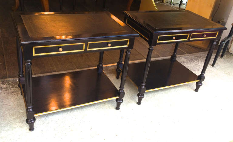 French Maison Jansen Large Black Lacquered, Two=-Drawer Side Tables or Bedsides