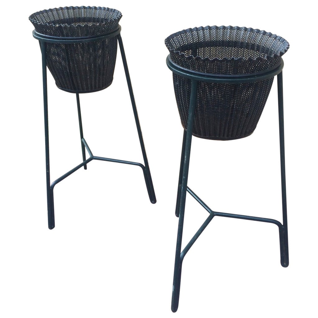 Mathieu Matégot Pair of Planters in Wrought Iron and Rigitule For Sale