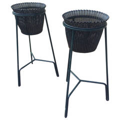 Mathieu Matégot Pair of Planters in Wrought Iron and Rigitule