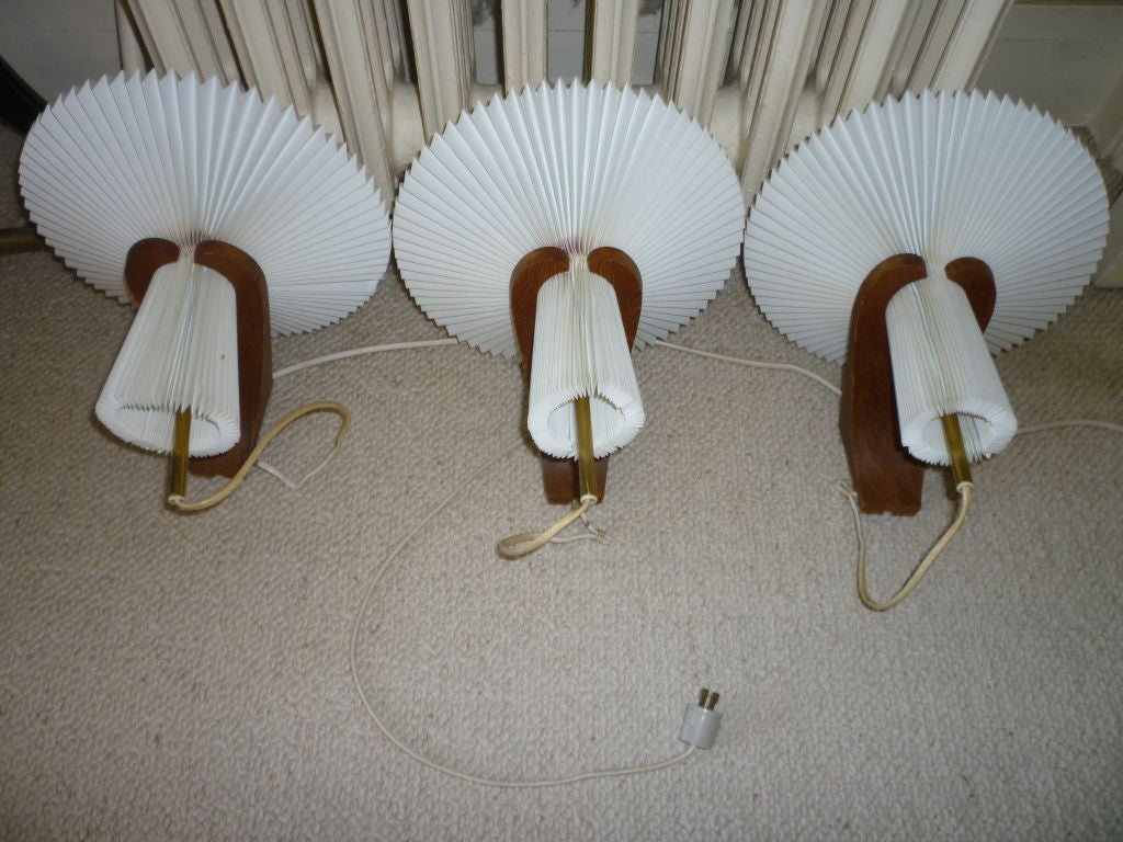 Danish Rare Unusual  set of 6 Sconces by Le Klint with Oregon Pine Arm and Pleated Shad For Sale