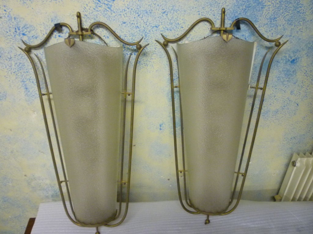 Pair of Sconces by Rene Prou in Brass and Bombed Frosted Glass For Sale 5