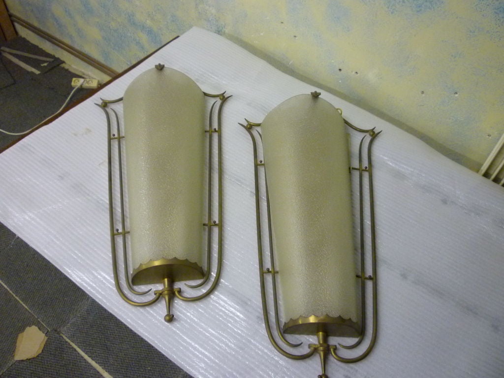 Pair of Sconces by Rene Prou in Brass and Bombed Frosted Glass In Good Condition For Sale In Paris, ile de france