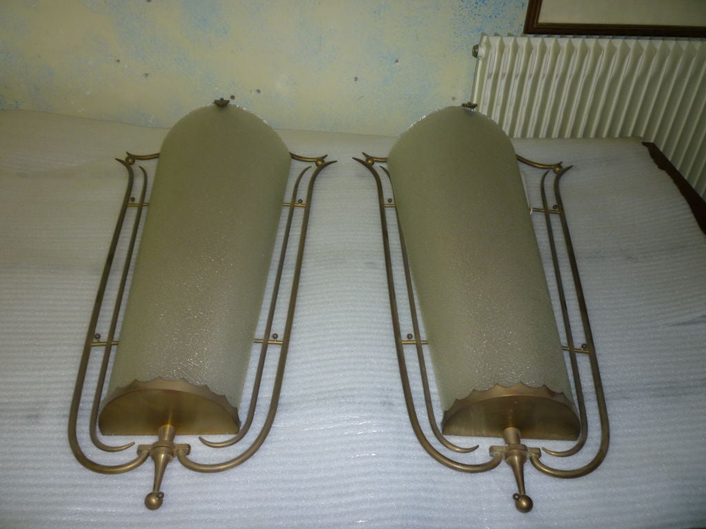 Mid-20th Century Pair of Sconces by Rene Prou in Brass and Bombed Frosted Glass For Sale