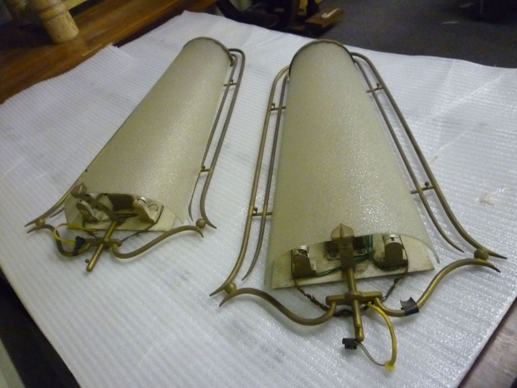 Pair of Sconces by Rene Prou in Brass and Bombed Frosted Glass For Sale 1