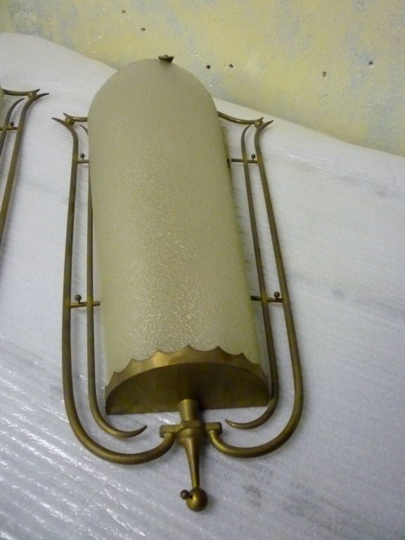 Pair of Sconces by Rene Prou in Brass and Bombed Frosted Glass For Sale 2