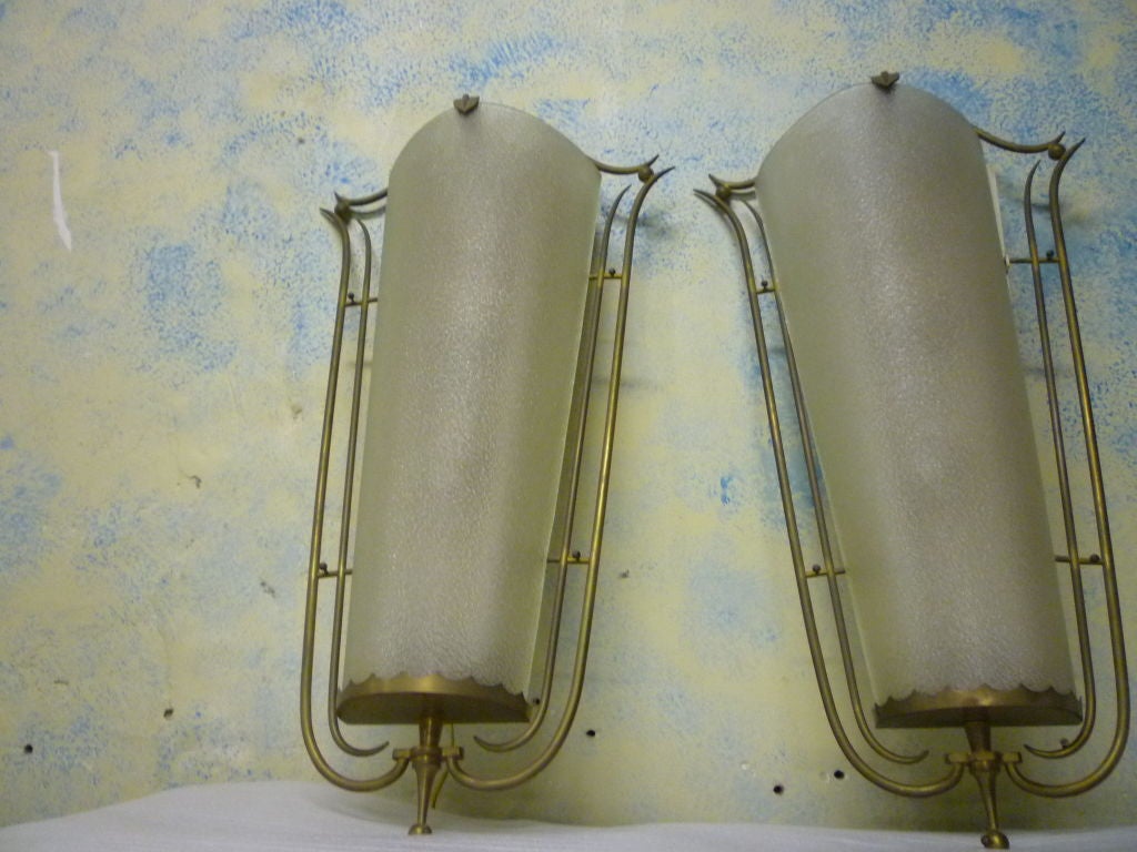 Pair of Sconces by Rene Prou in Brass and Bombed Frosted Glass For Sale 3