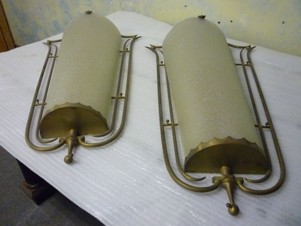 Pair of Sconces by Rene Prou in Brass and Bombed Frosted Glass For Sale 4