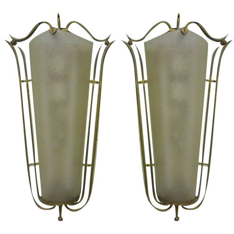 Pair of Sconces by Rene Prou in Brass and Bombed Frosted Glass For Sale