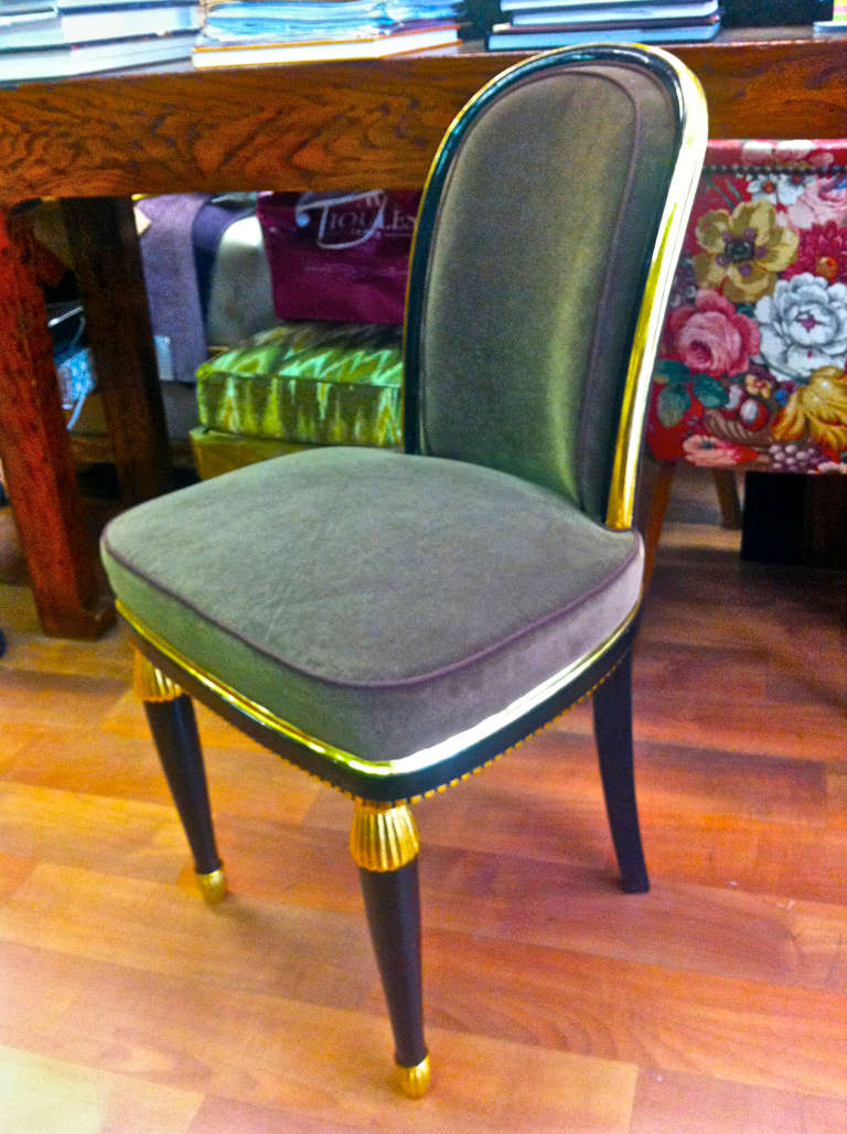 Paul Follot 1925 superb black and gold leaf lady chair newly reupholstered in taupe velvet.