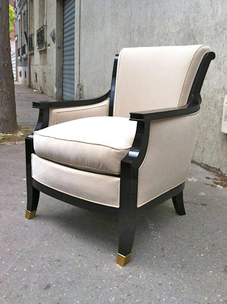 Mid-Century Modern Maison Jansen Pair of Chic 1940s Chairs, Black Lacquered and Newly Upholstered For Sale
