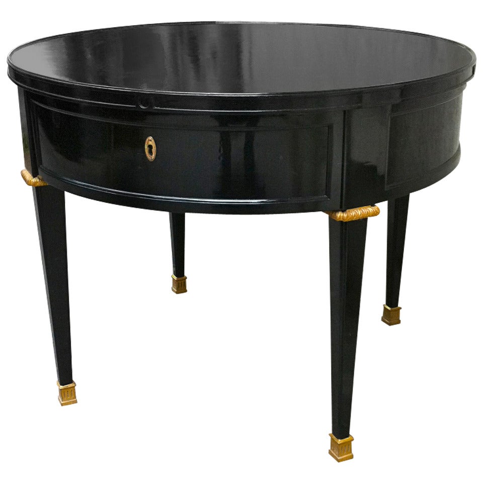 Stamped Jansen One-Drawer Black Lacquered Table with Gold Bronze Hardware For Sale