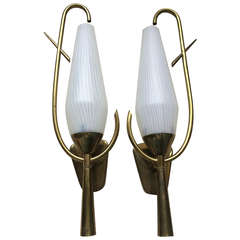 Arlus French 1950s Awesome Pair of Sconces with White Opaline Shades