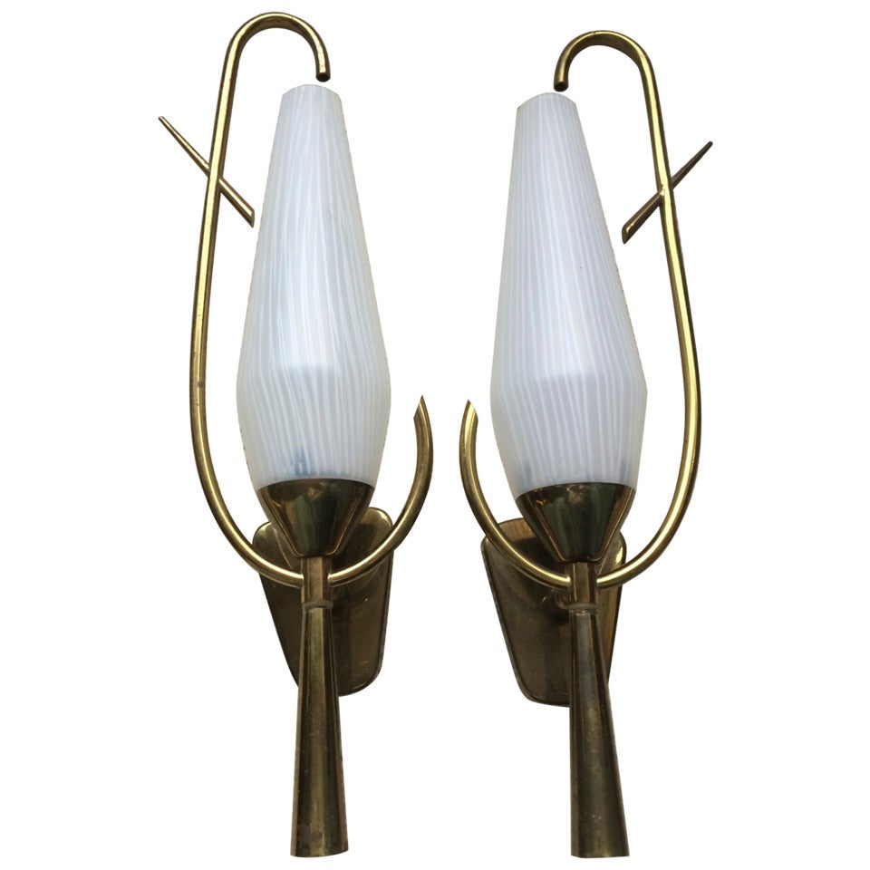 Arlus French 1950s Awesome Pair of Sconces with White Opaline Shades For Sale