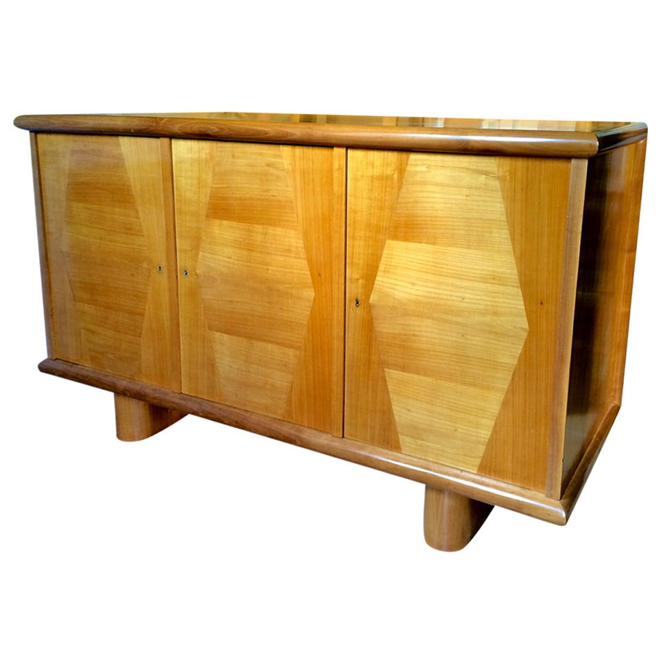 Jean Royère Ashtree, Three-Door Cabinet with Typical Trapeze Patterns Marquetry For Sale