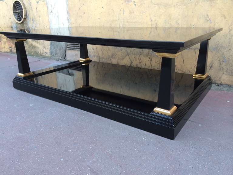 Neoclassical Revival Maison Jansen 1940s Large Two-Tier Black Lacquered Coffee Table For Sale