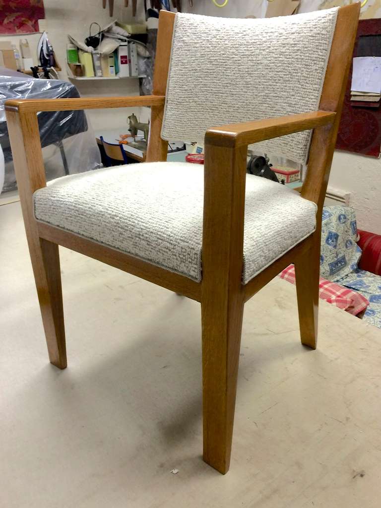 JEAN ROYERE desk arm chair newly reupholsterd in pale green almond mohair velvetwith a blond oak frame