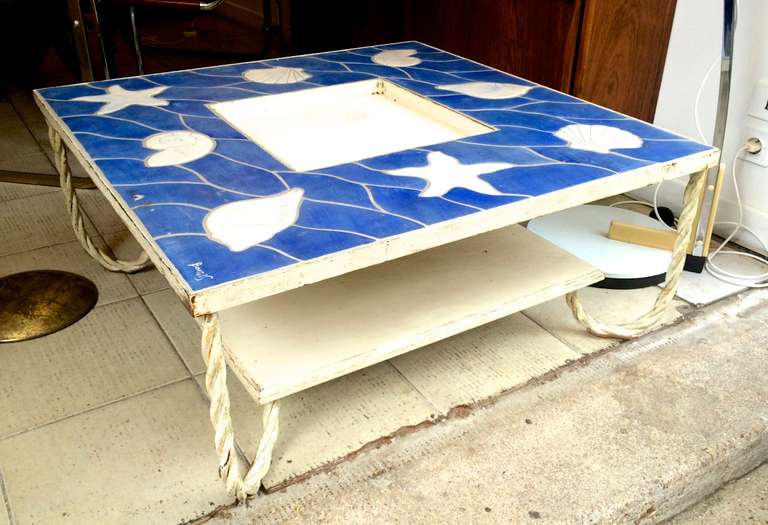 Mid-Century Modern French Riviera Two-Tier Spectacular Blue Lagoon Ceramic Coffee Table For Sale