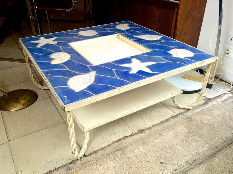 French Riviera Two-Tier Spectacular Blue Lagoon Ceramic Coffee Table In Good Condition For Sale In Paris, ile de france