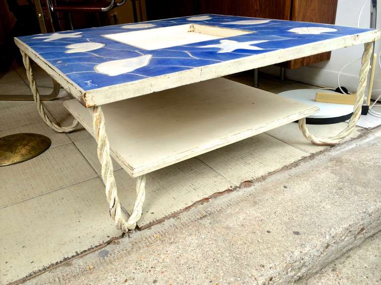 Mid-20th Century French Riviera Two-Tier Spectacular Blue Lagoon Ceramic Coffee Table For Sale