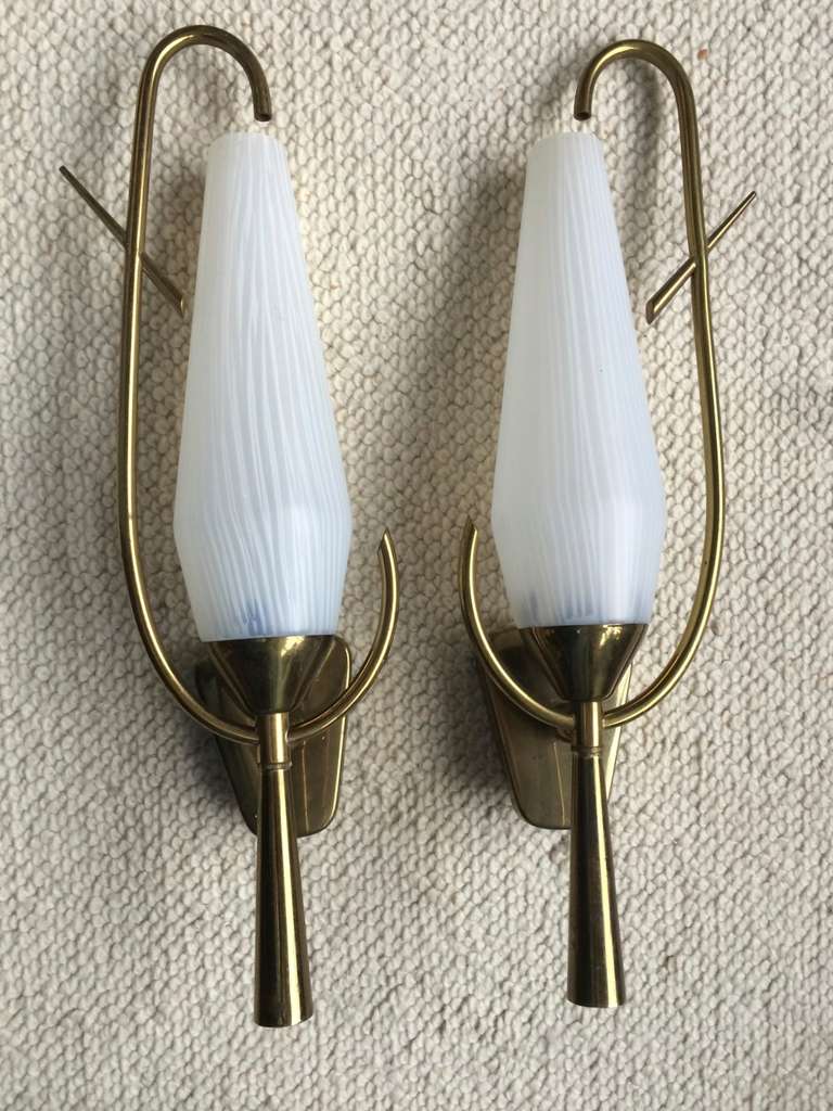 Arlus French 1950s Awesome Pair of Sconces with White Opaline Shades For Sale 5