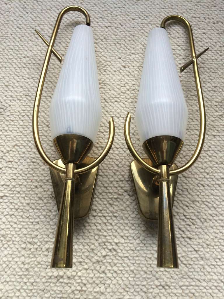 Arlus French 1950s awesome pair of sconces with white opaline shades.