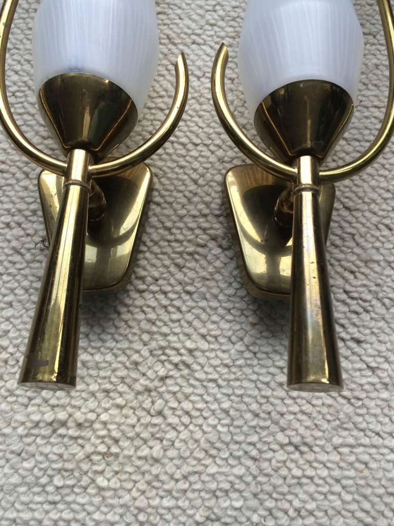 Arlus French 1950s Awesome Pair of Sconces with White Opaline Shades In Good Condition For Sale In Paris, ile de france