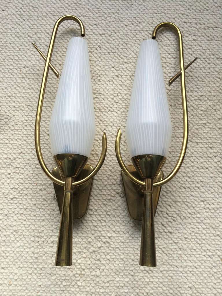 Mid-Century Modern Arlus French 1950s Awesome Pair of Sconces with White Opaline Shades For Sale