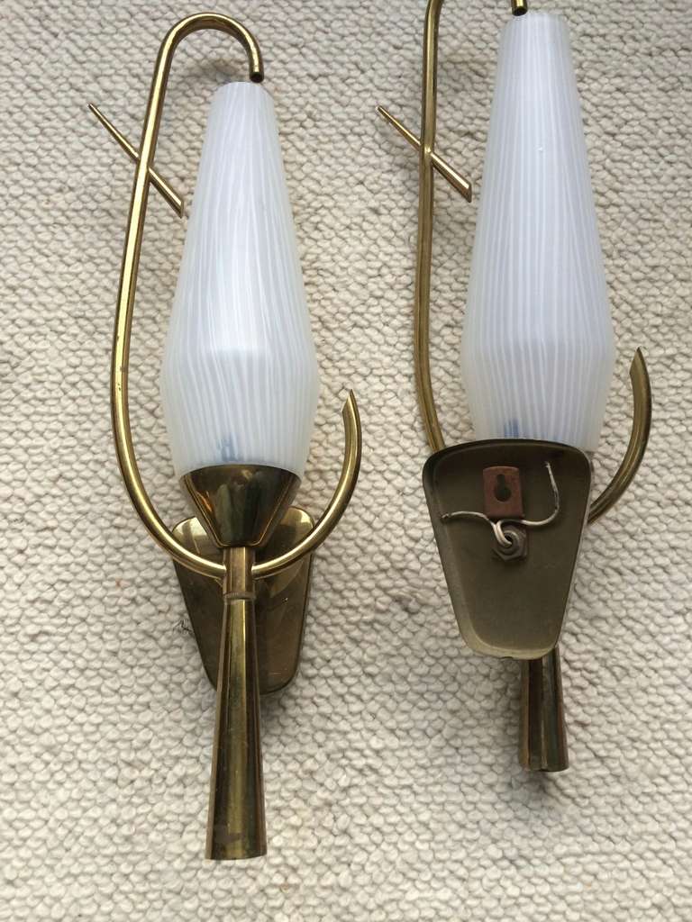 20th Century Arlus French 1950s Awesome Pair of Sconces with White Opaline Shades For Sale