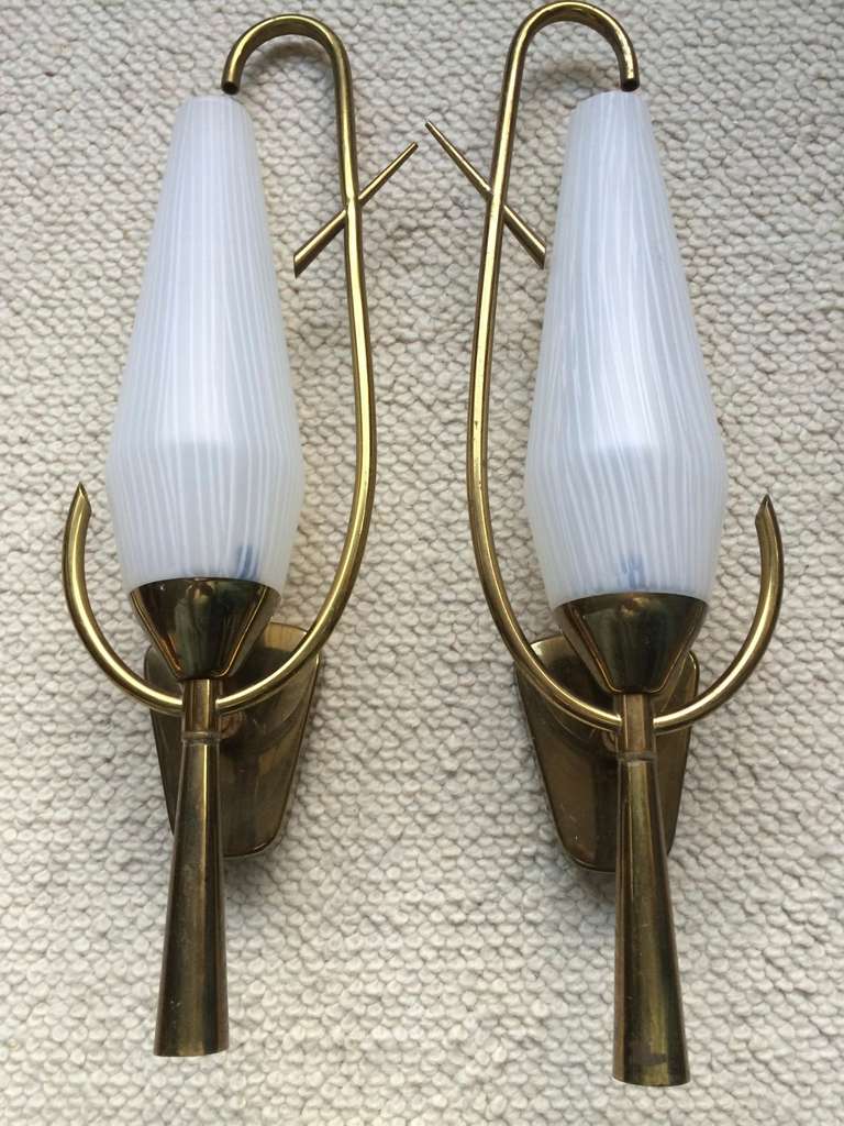 Arlus French 1950s Awesome Pair of Sconces with White Opaline Shades For Sale 2