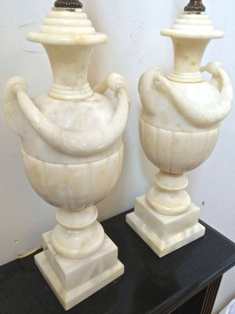 Mid-Century Modern Awesome Pair of Refined Marble Carved Urn, Pair of Lamps, circa 1940s For Sale