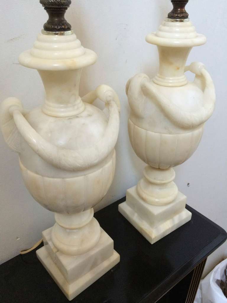 French Awesome Pair of Refined Marble Carved Urn, Pair of Lamps, circa 1940s For Sale