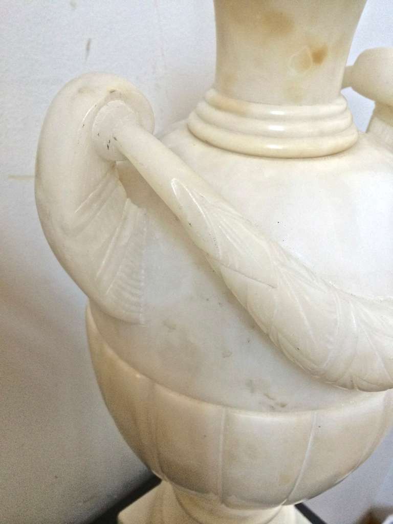 Awesome Pair of Refined Marble Carved Urn, Pair of Lamps, circa 1940s For Sale 1