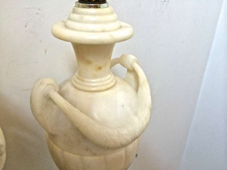 Awesome Pair of Refined Marble Carved Urn, Pair of Lamps, circa 1940s For Sale 2