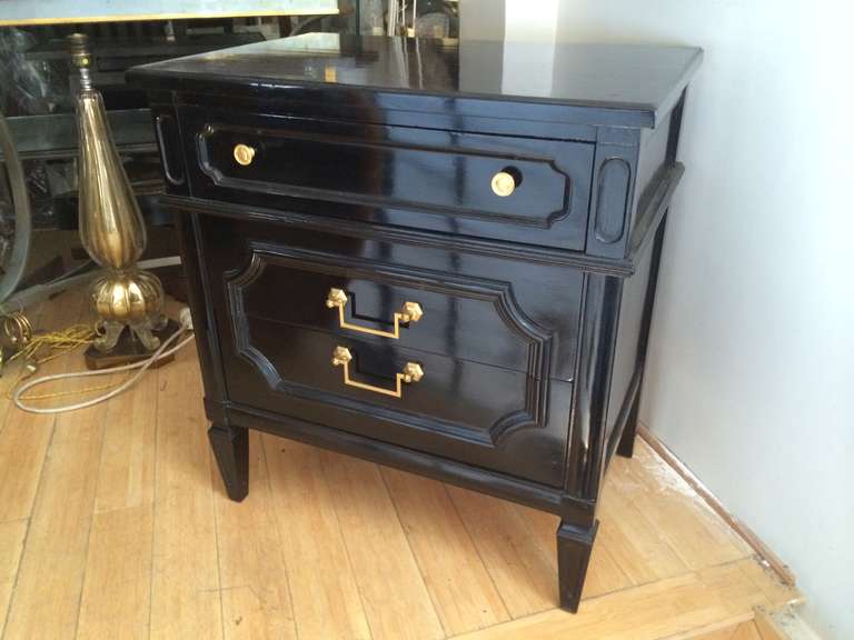 French Maison Jansen 1940s Pair of Neoclassic, Black Lacquered Large Bed Sides