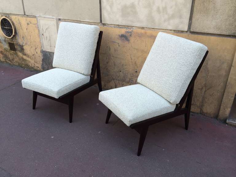 Mid-20th Century Pair of French 1950s Slipper Chairs with Pure Design, Newly Recovered in Maharam For Sale