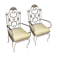 Pair of 1940's Neo Classic Gilt Wrought Iron Chairs by Rene Prou