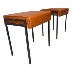 Jacques Quinet Pair of Stiched Brown Leather and Metal Stools