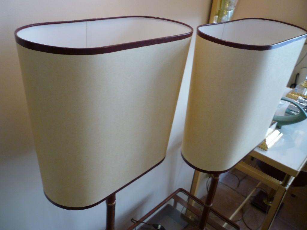 leather stiched pair of brown JACQUES ADNET'S lamps