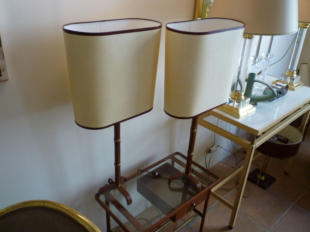 French Pair of Leather Stitched JACQUES ADNET'SPair of Lamps