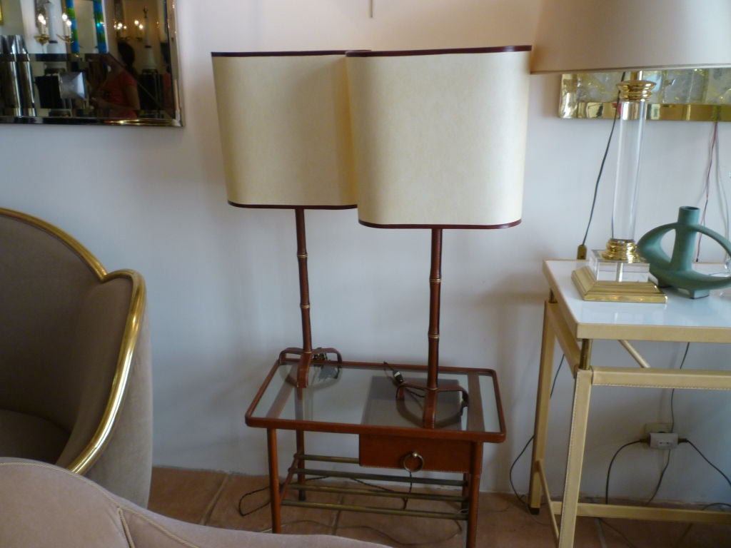 Pair of Leather Stitched JACQUES ADNET'SPair of Lamps 4