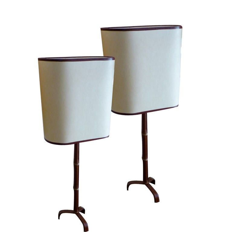 Pair of Leather Stitched JACQUES ADNET'SPair of Lamps