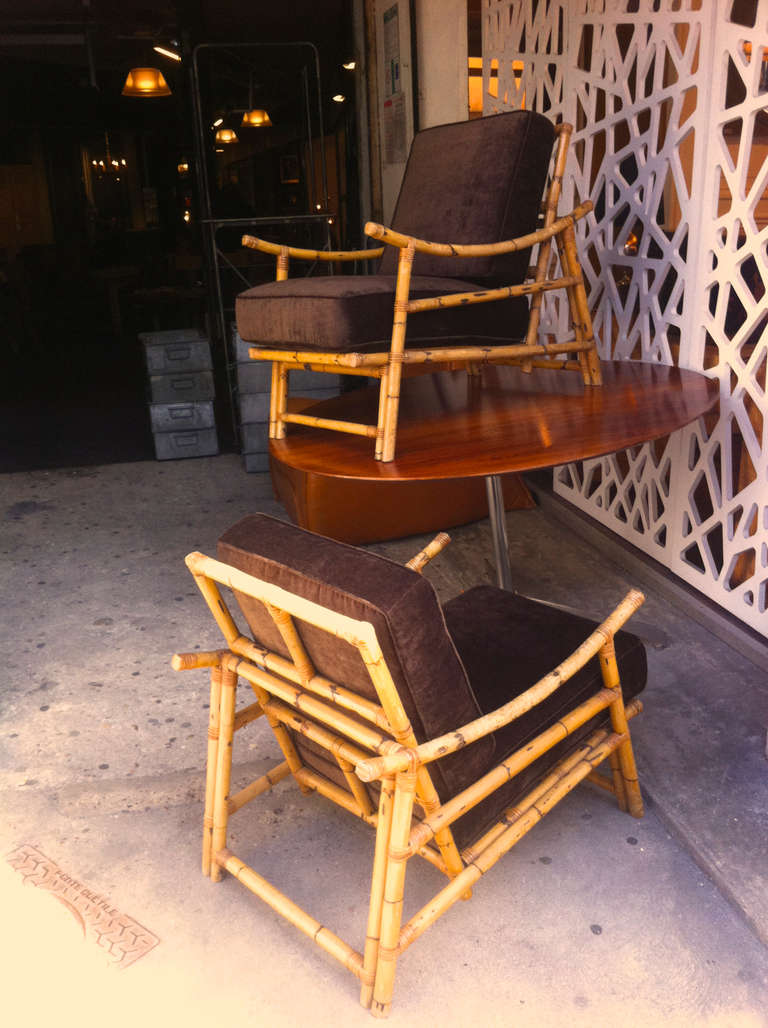 1950s French Riviera Pair of Lounge Chairs in Rattan In Good Condition For Sale In Paris, ile de france