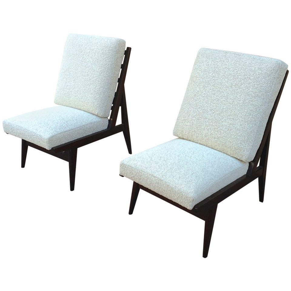 Pair of French 1950s Slipper Chairs with Pure Design, Newly Recovered in Maharam For Sale