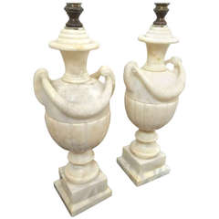 Awesome Pair of Refined Marble Carved Urn, Pair of Lamps, circa 1940s
