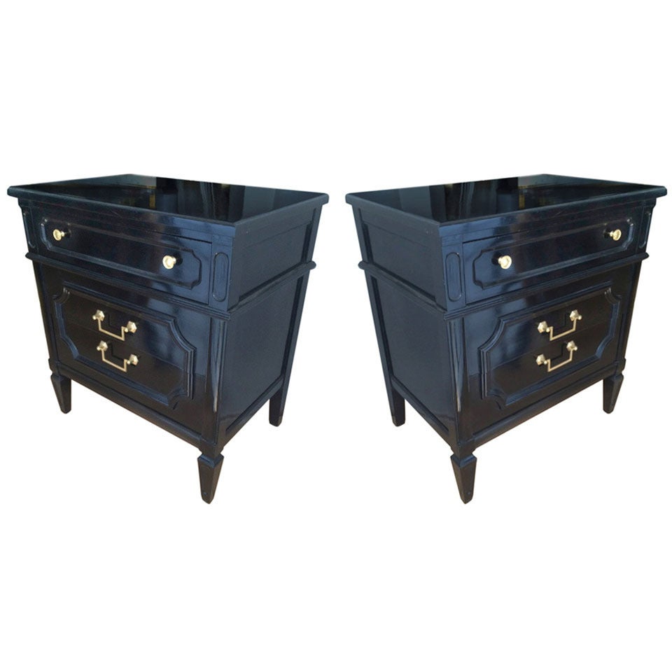 Maison Jansen 1940s Pair of Neoclassic, Black Lacquered Large Bed Sides